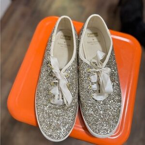 Kate Spade Gold Glitter Sneakers with Cream Ribbon